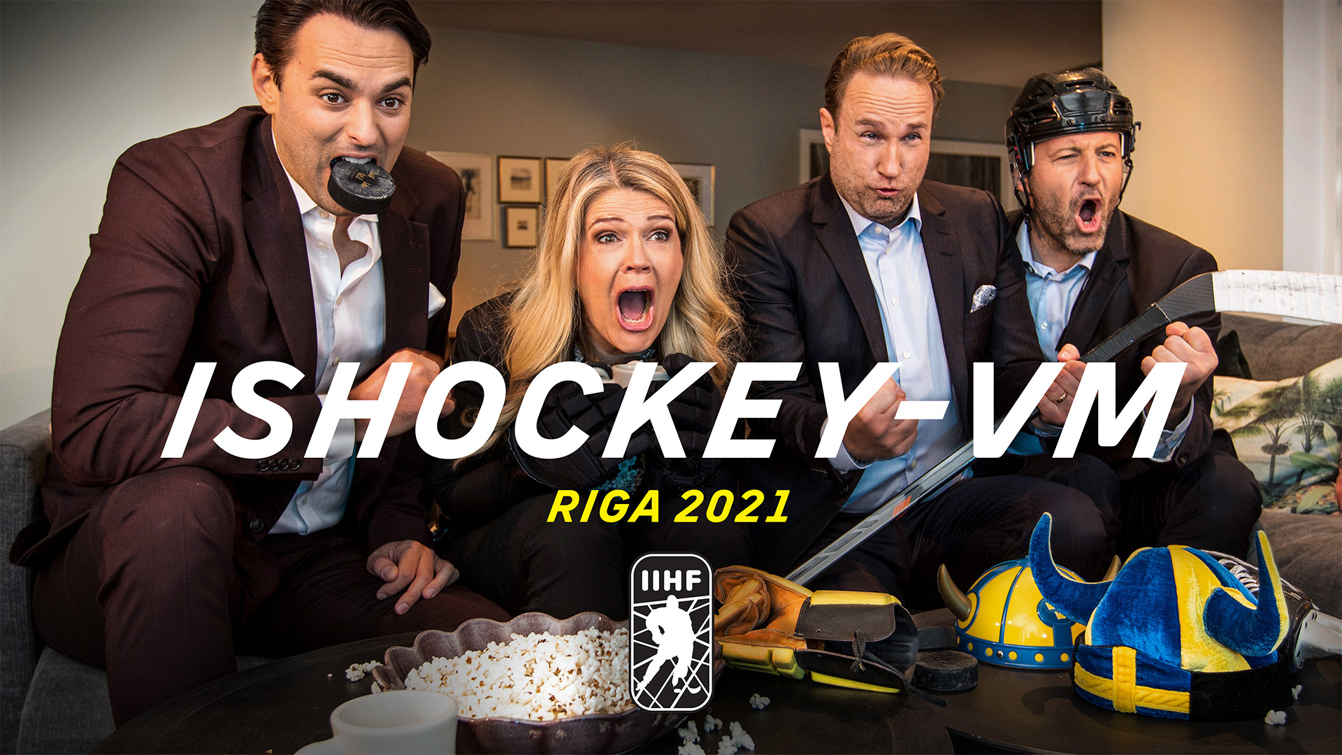Dusan Umičević, Marie Lehmann, Chris Härenstam och Mikael Renberg. Ishockey VM 2021 &copy; Janne Danielsson/SVT